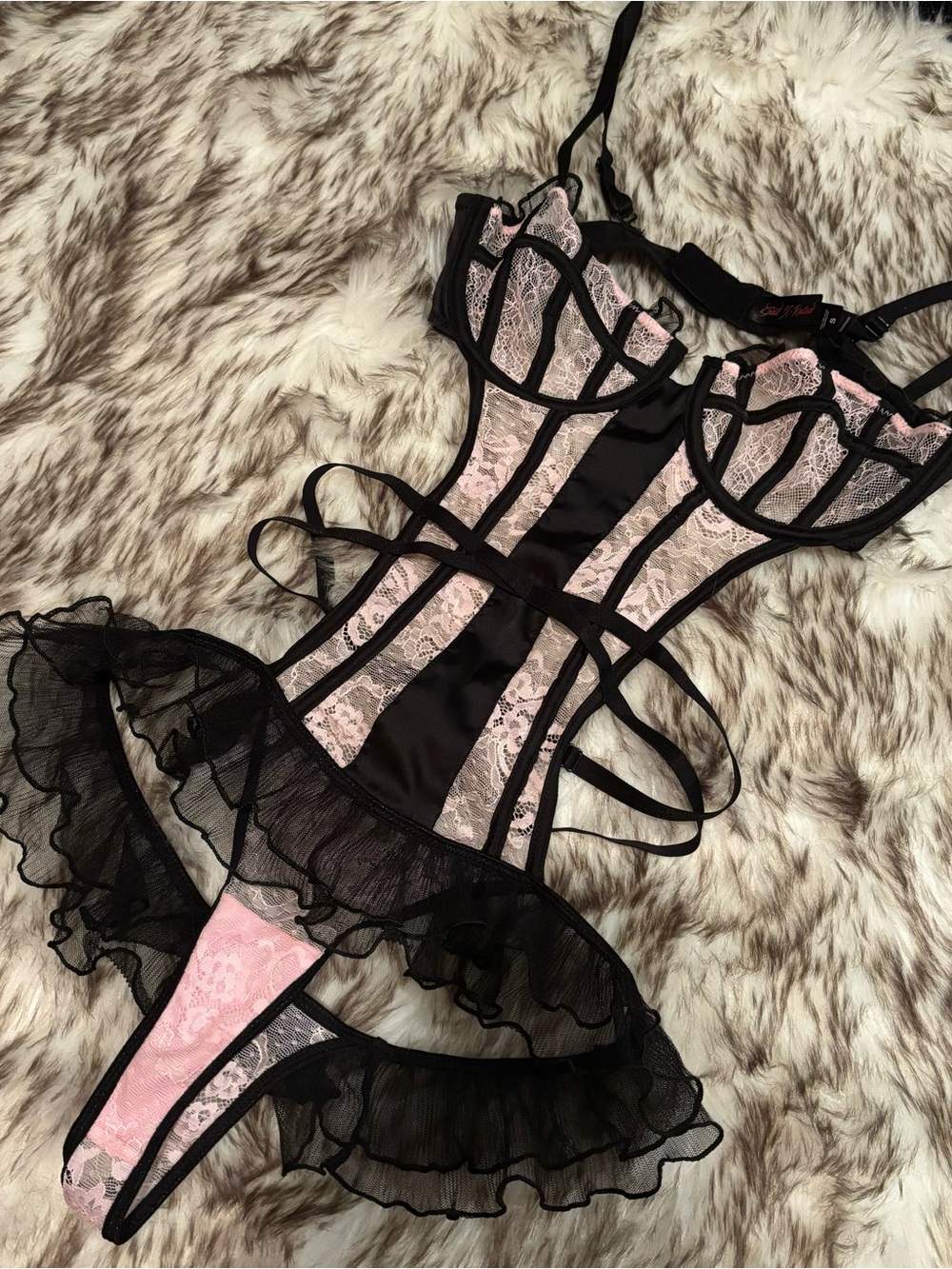 I.AM.GIA Marilyn Bodysuit Pink and Black Lace Ruffles